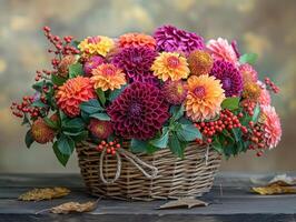 A vibrant arrangement of colorful dahlias and berries in a rustic basket, showcasing autumn's beauty. photo