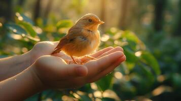 A small, fluffy bird resting on a child's hand, surrounded by soft greenery in a warm sunset glow. photo
