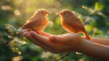 Two small birds perched on a hand, glistening with water droplets, surrounded by lush greenery, capturing a moment of tranquility. photo