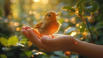 A small bird perched gently on a person's hand, surrounded by soft golden light. photo