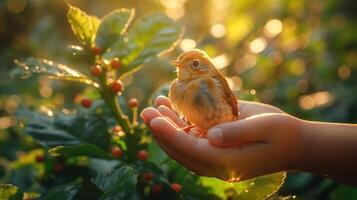A delicate brown bird perched in an open hand, surrounded by lush green foliage and warm sunlight, conveying a sense of tenderness and connection. photo