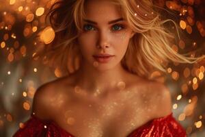 A young Caucasian woman with sparkling skin and blonde hair, illuminated by mesmerizing golden bokeh lights, exuding a dreamy vibe. photo