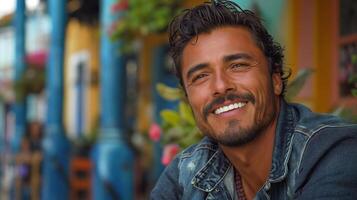 Smiling Hispanic man in a denim jacket, surrounded by vibrant colorful architecture and greenery. photo