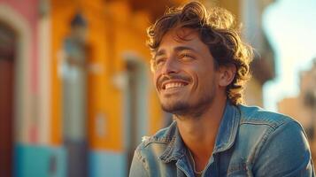 A smiling Caucasian man with curly hair enjoys a sunny day against a colorful backdrop. photo