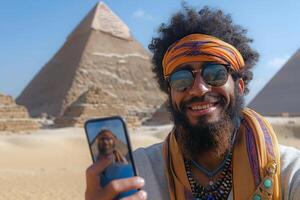 Smiling Black man taking a selfie with the Great Pyramids in the background, capturing a joyful moment in Egypt. photo