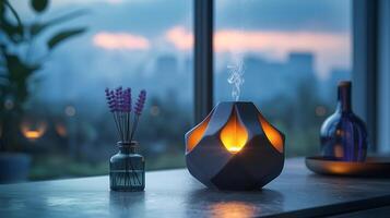 A modern, geometric lamp casts a warm glow on a serene evening, adorned with lavender and decorative bottles. photo