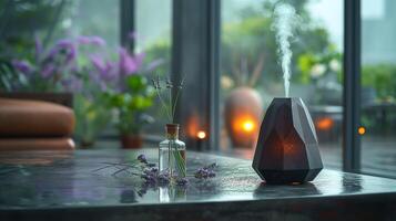 A modern black diffuser in a serene setting, exuding tranquility with mist and lavender accents. photo