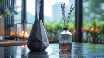 A modern vase with lavender sits elegantly on a marble table, creating a serene ambiance in a bright, stylish interior. photo