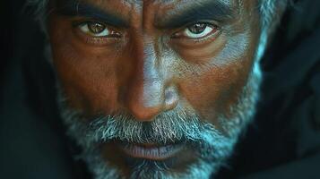 Close-up of a mature South Asian man with striking facial features and an intense gaze, showcasing wisdom and depth. photo