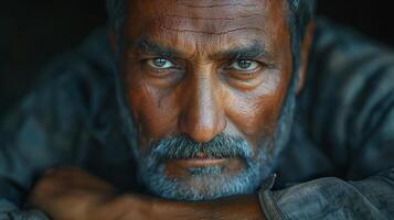 Intense expression of an older South Asian man with deep-set eyes and a weathered face, reflecting resilience and wisdom. photo