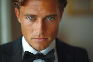 A handsome Caucasian man in a tuxedo exudes confidence with piercing blue eyes and styled hair. photo