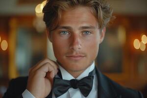 A handsome young Caucasian man adjusts his bow tie, exuding sophistication and charm in a formal setting. photo