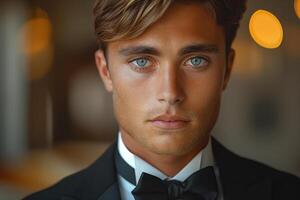 Handsome young male model with striking blue eyes, wearing a tuxedo for a formal event. photo