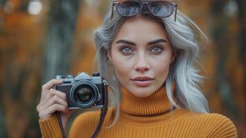 A young Caucasian woman with long, silver hair poses in autumn attire, holding a camera amid a vibrant fall backdrop. photo
