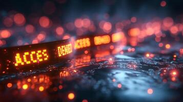 Vibrant abstract image featuring glowing red access denied signs against a blurred background, evoking a sense of caution and digital tech. photo