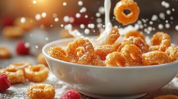 Delicious cereal rings splashing in milk, surrounded by fresh raspberries, capturing a vibrant breakfast scene. photo