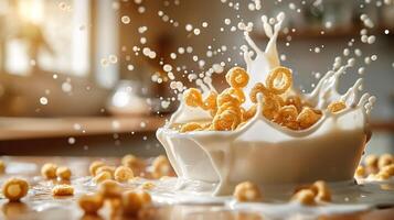 A bowl of cereal splashes into milk with droplets flying in a sunny kitchen setting. photo