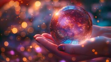 A person holds a glowing crystal orb filled with a galaxy, radiating colorful light and bokeh effects, emphasizing mystery and wonder. photo