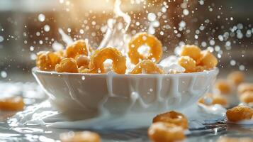 A close-up of a white bowl filled with cereal and milk splashing around, creating a lively breakfast scene. photo