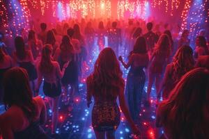 A vibrant party scene featuring young adults dancing amidst colorful lights and a festive atmosphere. photo