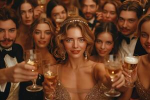 A joyous celebration featuring a diverse group of elegantly dressed individuals raising their glasses in a toast. photo