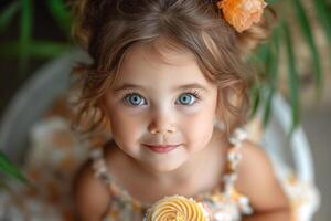 A sweet young girl with curly hair and captivating blue eyes gazes at the camera, surrounded by greenery and holding a flower. photo