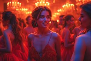A smiling Caucasian woman in a red gown surrounded by elegantly dressed guests at a festive event, bathed in warm, glowing light. photo