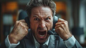 Angry middle-aged Caucasian man in a suit, yelling into a headset, expressing frustration in a modern office setting. photo