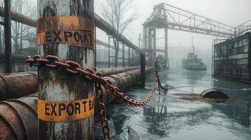 Rusty industrial surroundings with fog, highlighting export signs on weathered pipes. photo