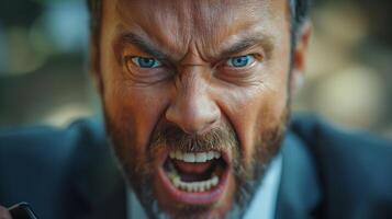 Angry Middle-Eastern man in a suit expressing intense frustration in a blurred outdoor setting. photo