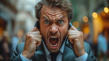 A frustrated Caucasian man in a suit yelling into a telephone, showcasing intense emotions in an urban setting. photo