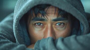 Close-up of a young Asian male in a grey hoodie, showing intense emotions and deep brown eyes, with a focus on winter elements. photo