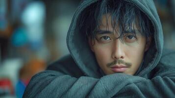 A young Asian man with tousled hair in a cozy gray hoodie, gazes thoughtfully with a serious expression. photo