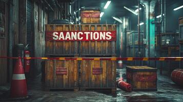 A gritty warehouse scene with wooden crates marked 'SAANCTIONS' surrounded by caution tape. photo