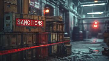 A gritty alleyway filled with crates marked 'Sanctions', conveying a sense of tension and intrigue. photo