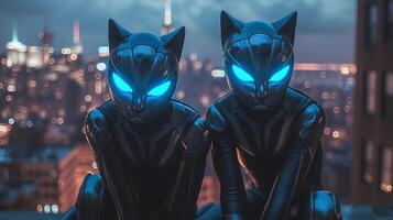 Two futuristic cat-like characters with glowing blue eyes, perched on a city rooftop at dusk. photo
