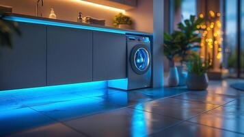 Modern laundry room featuring a washing machine with blue LED lighting, creating a sleek and stylish atmosphere. photo