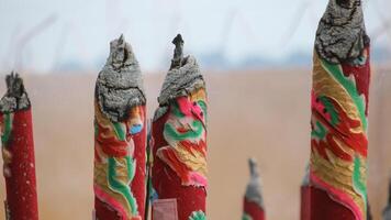 During the Lunar New Year celebrations, large incense sticks in shades of red, purple, and gold stand proudly, their swirling smoke carrying prayers for health, happiness, and success. photo