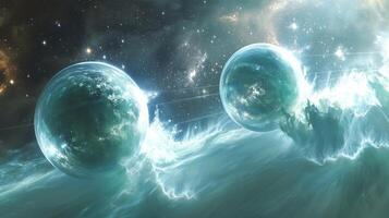 A captivating cosmic scene featuring two glowing spheres amidst swirling clouds of energy in an ethereal galaxy. photo