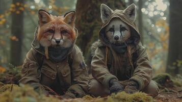 Two anthropomorphic characters dressed in hooded jackets, resembling a red fox and a raccoon, sitting in a foggy forest. photo
