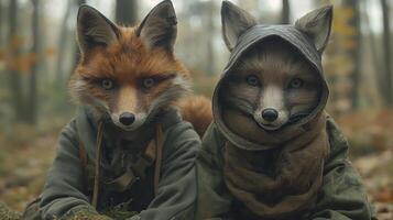 A pair of anthropomorphic foxes in a forest, one wearing a hoodie, showcasing a playful yet mysterious atmosphere. photo