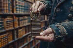 A male with Middle Eastern features holds an intricate antique object in a vintage library setting. photo