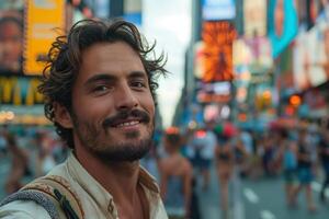 Smiling man with curly hair in a bustling urban setting, surrounded by bright advertisements. photo