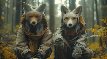 Two anthropomorphic foxes with masked faces, dressed in hooded outfits, sit in a misty forest, creating a whimsical and mysterious atmosphere. photo