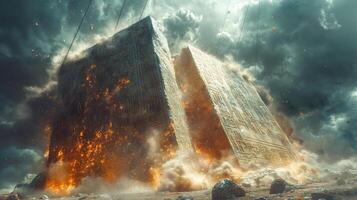 A dramatic scene of two massive ancient stone blocks erupting amidst swirling clouds and fiery explosions. photo