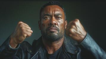 A strong man of African descent displays defiance with clenched fists, wearing a black leather jacket in a moody setting. photo