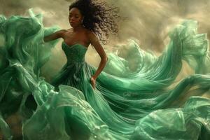 A graceful Black woman in a flowing green gown exudes elegance amidst a dramatic backdrop. photo