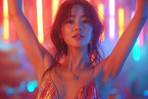 A stylish woman with dark hair and a shimmering dress poses confidently in a vibrant, neon-lit setting. photo