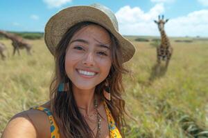 Smiling woman in a straw hat enjoying a safari with giraffes in the background, showcasing a vibrant and adventurous spirit. photo