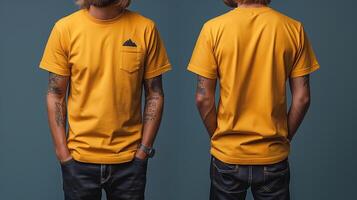 Stylish male model showcasing a vibrant yellow T-shirt with a pocket detail, photographed against a teal backdrop. photo